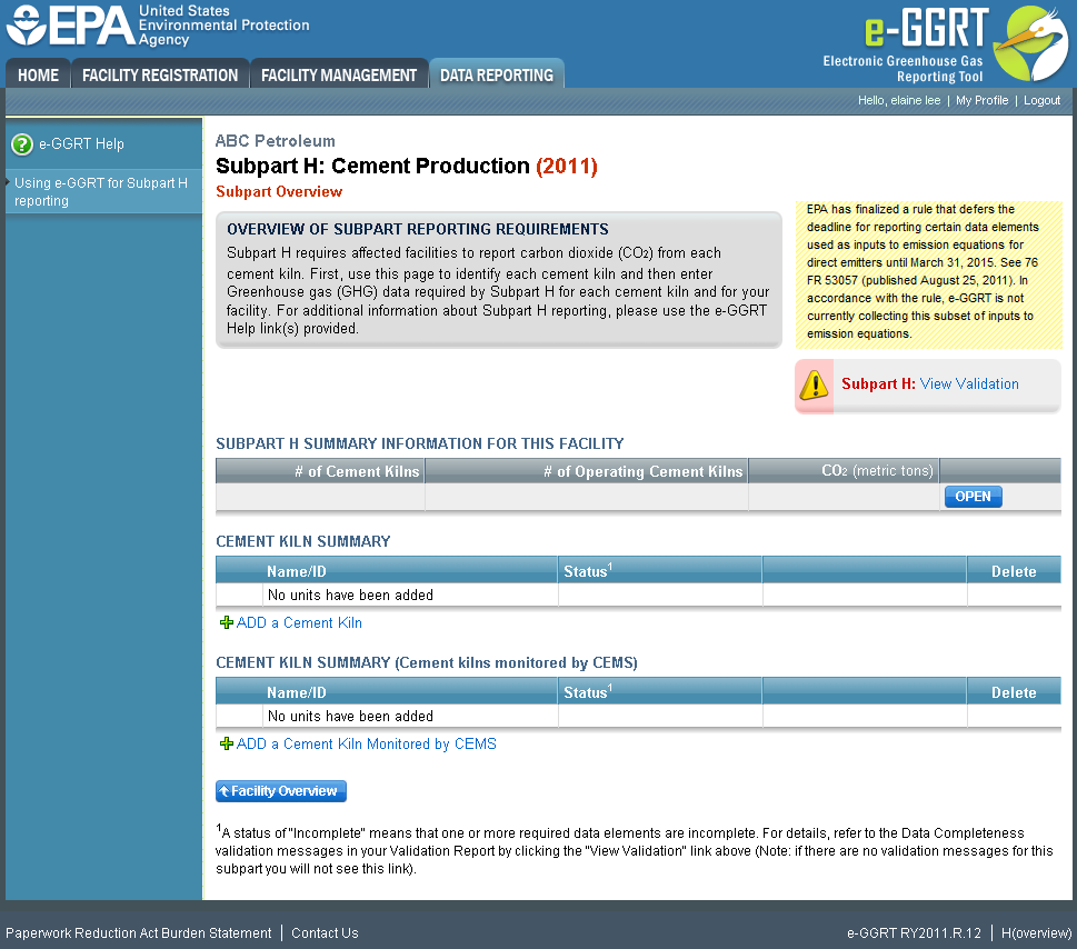 Subpart H: Step 6 - Enter Required Information for Klin